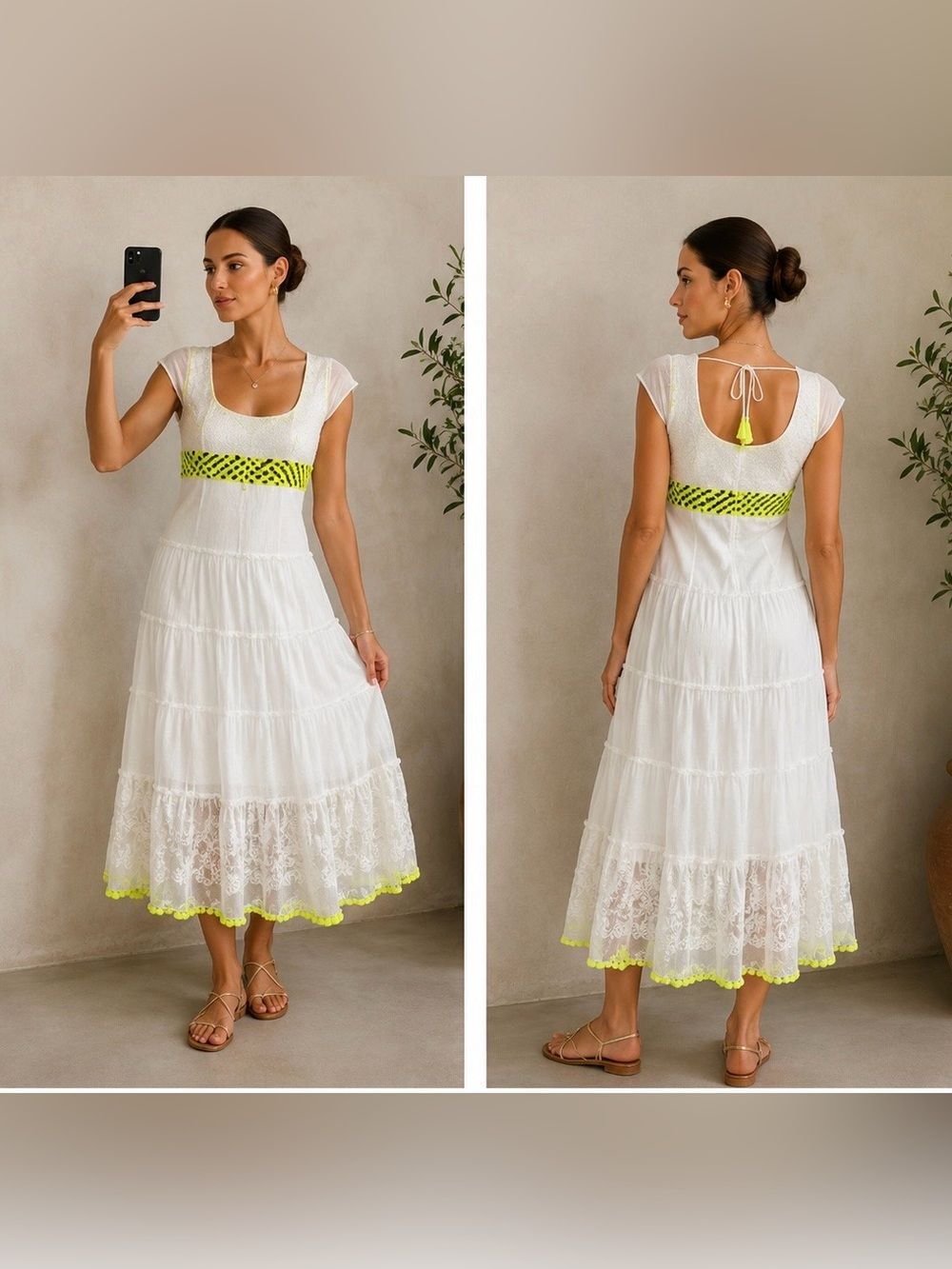Rhythm Bohemian Romantic Women’s Midi Dress Ruffle Lace Ivory Neon Size XL